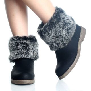 Flat Ankle Boots Snow Winter Black Fur Warm Fold Over Womens Shoes 