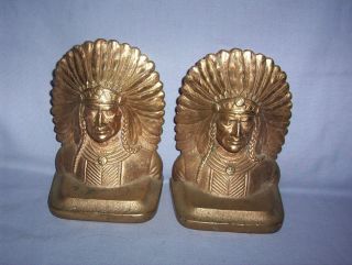 Antique Solid Brass/Bronze Indian Chief BookendsNice Detail