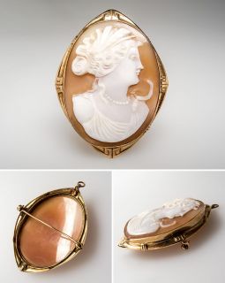 Antique Shell Cameo Brooch Pin Pendant Goddess Profile Solid 10K Gold 