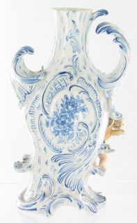 Antique Dresden Blue Flower Putti Cherub Angels Scalloped Vase 
