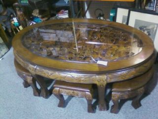 Chinese Antique Carved Teak Wood Tea Table with Glass Top and Six 