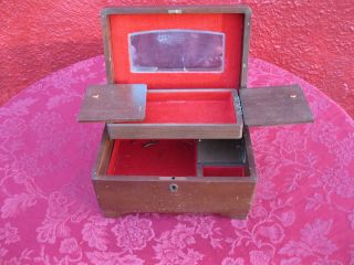 Antique Vintage Wooden Wood Jewelry Box Chest Mirror Music Musical Key 