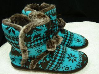 New Womens Slippers Aqua Brown Size 9 M Faux Fur Shearling House Shoes 