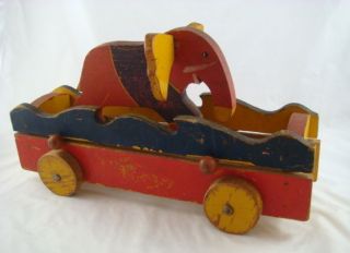Antique Early 1930s Wooden Toy Kraft Co Studios Push Red Blue 