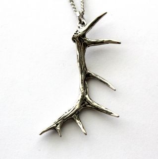 Silver Imperial Elk Antler Pendant Necklace in Solid White Bronze 