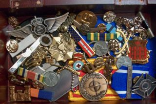    Drawer Military Insignia Wings Pin Ribbons Patches Medals Badges LOT