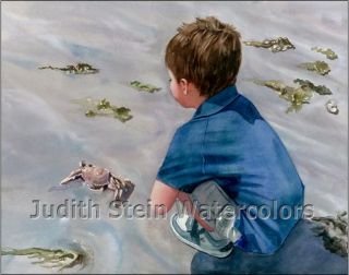 Boy Beach Sand Crab Seashore 8 x10 Giclee Watercolor Print Signed 