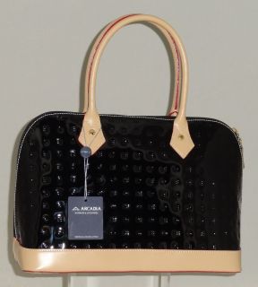 ARCADIA ~ Black Patent Leather Satchel w/ Natural Leather Trim Handbag 