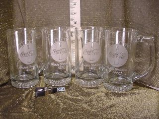 Set of 4 ALWAYS COCA COLA Thick Clear ETCHED Glass Mugs Happy Holidays 