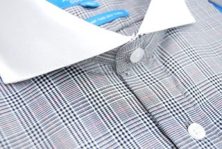 Assante Gray Black Red Glen Plaid Check Euro Cutaway Collar Shirt 