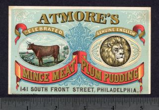 1870s Jones & Eaton Boston Atmore Mince Meat Plum Pudding lion cow 