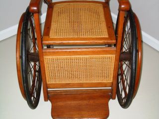 Antique Early 1900s Wheelchair Wicker Caned Seat Back Oak 3 Wheel 