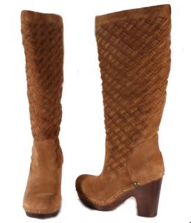 UGG Arroyo Womens Weave Knee High Dark Chestnut Suede Clog Boots 