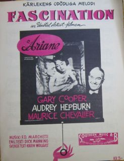 Gary Cooper Audrey Hepburn Rare original Swedish sheet music