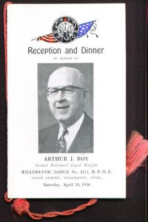 Elks Gelk Arthur J Roy Dinner Program Willimantic Ct 1956