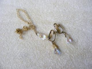 aurora borealis glass crystal tear drop necklace clip earrings set 