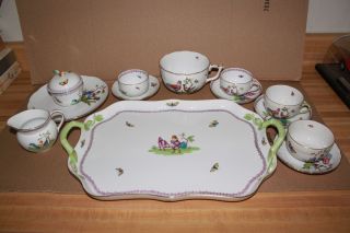 Herend Chanticleer RARE Set Vintage Lavender Lace Border Tea Platter 