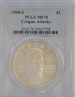 1998 S Crispus Attucks Silver Commemorative dollar PCGS MS70