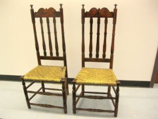  RARE PAIR OF 18TH C CONNECTICUT SHORELINE BANNISTER BACK CHAIRS