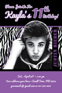 Justin Bieber Zebra Print Invitation 2012 Rock Star Band Birthday 