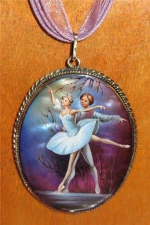 Russian Unique Hand Painted MOP Shell in German Silver Ballet Pendant 