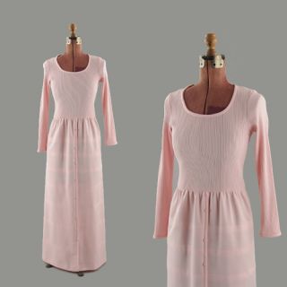 VINTAGE 60s Ayres Unlimited Pink KNIT MAXI Long Baby Doll Fitted DRESS 