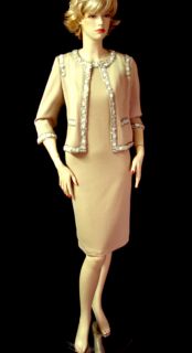   Couture Exquisite Trim Dress Suit Sz 4 Milano Knit Fawn Sequins