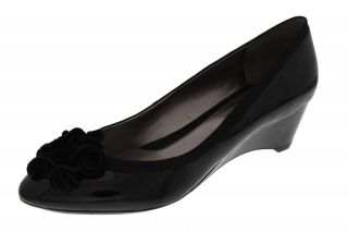Bandolino New Urlessa Black Patent Satin Trim Embellished Wedge Heels 