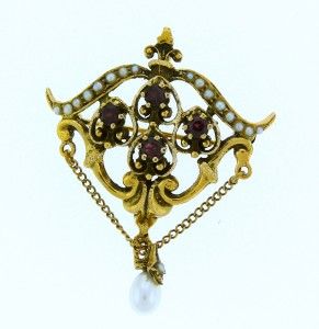 Beautiful Antique Victorian 14k Gold Garnet and Pearl Brooch Pendant 6 