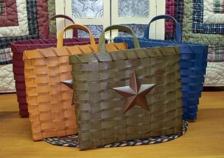 Primitive Chipwood Basket w Handle 10 Wide 4 Colors