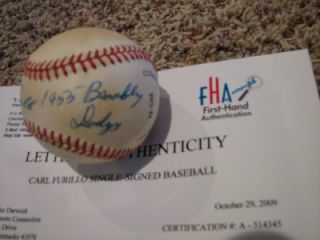 CARL FURILLO Signed & FIRST HAND AUTHENENTICATED NL BASEBALL 