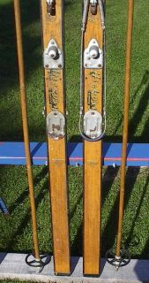 Vintage Wooden Skis 74 Long Bamboo Poles Hickory