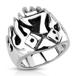Stainless Steel Lucky 7 in Flames with Dice Poker Biker Ring Size 9 14