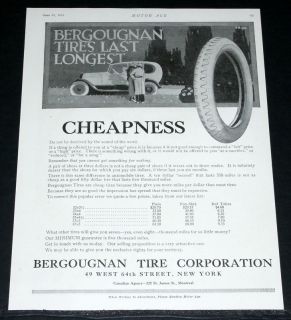 1918 OLD WWI MAGAZINE PRINT AD, BERGOUGNAN TIRES, LAST LONGER CHEAP