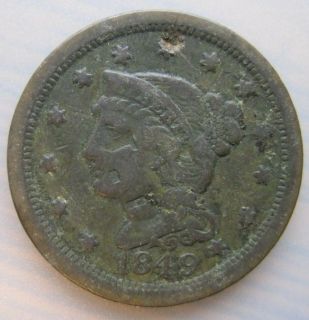 1849 braided hair large one cent vg counter stamped jd