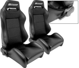 PAIR BLACK PVC LEATHER RACING SEATS RECLINABLE w/ STITCHED LOGO ALL 