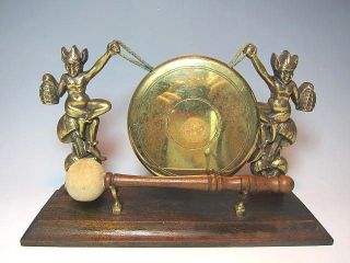 Antique PIXIE Brass GONG with Stand & Hammer 2 Elfs,Devil/Gno​mes on 