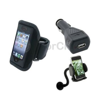 Armband Sportband Black Cover Skin Case+Car Charger+Mount For iPhone 4 