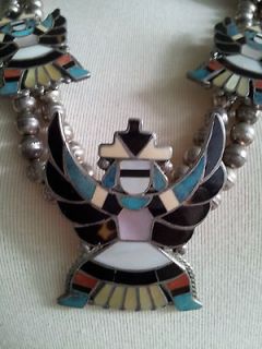 Old Pawn Zuni inlay squash blossom necklace and earrings by Anselm 