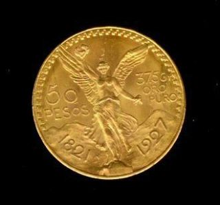 1927 GOLD MEXICO 50 PESO CHOICE MINT STATE SCARCE EARLY DATE 1.2 OZS