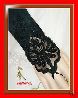 Black Stretchy Satin & Lace Long Gloves Fancy Dress Burlesque Hen 