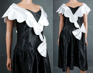 Vintage 80s Prom Dress XL 17/18 Black White Satin Sleeveless Formal 