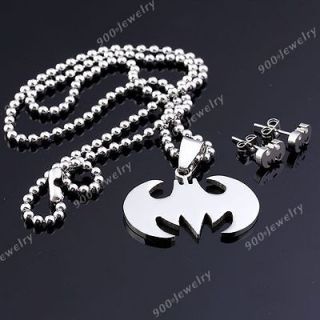 Set of Stainless Steel Batman Bat Pendant Necklace + Ear Stud Earring 