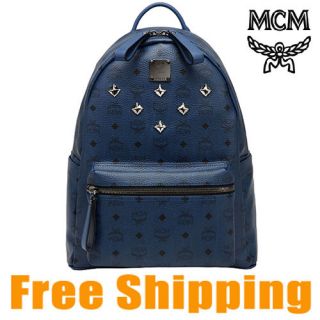 New MCM Stark Backpack Navy Visetos Leather Bag Medium Size 100% 