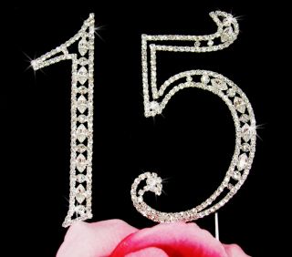 Sweet 15 Fifteen Birthday Swarovski Crystal Jeweled Cake Topper Set 