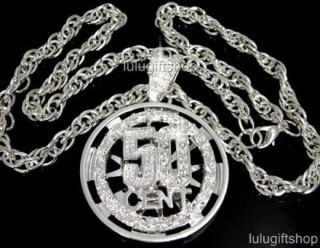 SILVER PLATED 50 CENT CZ SPINNER HIP HOP PENDANT CHAIN NECKLACE ICED 