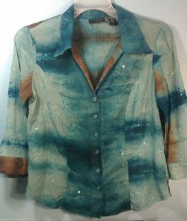 Adolfo Ladies Sequined Sheer Shirt 3 4 Sleeve Turquiose Size Medium 