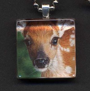 Akiko Original Deer Fawn Glass Tile Pendant Signed