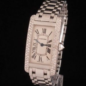 Excellent 18K White Gold Cartier Americaine Diamond Bezel Ladies Watch 