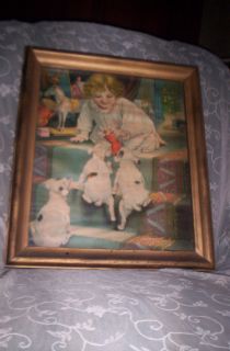 Antique Shabby Gold Picture Frame Victorian Child Dogs Toys Print 